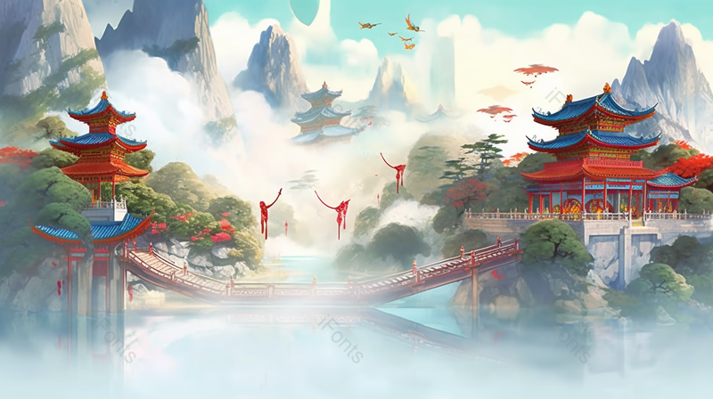 国风古典山川湖泊河流植物风景水汽水面平静背景,插画/手绘图,插画/手绘图库,插画/手绘图下载,插画/手绘